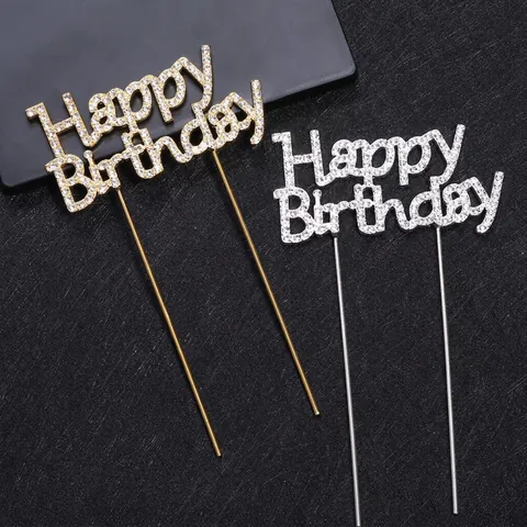 Happy Birthday Cake Topper Metal Alloy Rhinestone Sparkling Glitter Anniversary Celebration Party Decoration Elegant