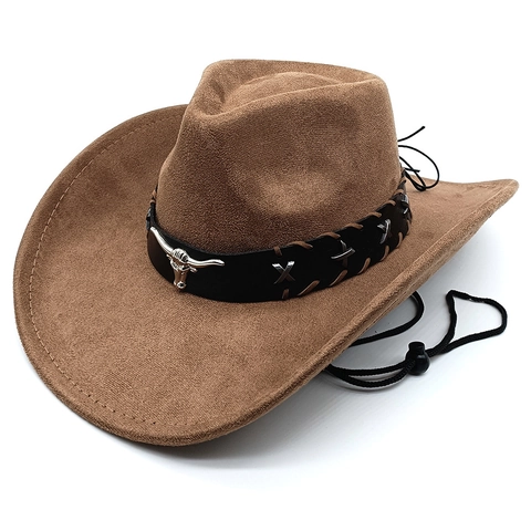 Cappello Da Cowboy Western Vintage Scamosciato Tesa Larga Con Decoro Testa Di Toro Corda Antivento Regolabile Cappello Da Sole Esterno