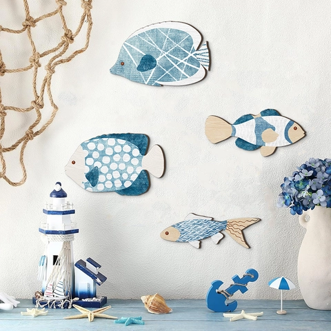 Decoración de Pared Náutica de Madera Estilo Mediterráneo Pez Ancla Timón Tabla de Surf Decoración Costera Hogar Baño