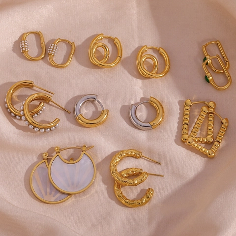 Mode Roestvrij Staal Goud Hoepel Oorbellen Set Voor Vrouwen Minimalistisch Bamboeknoop Gedraaid Strass Kunstparel Abaloneschelp Sieraden