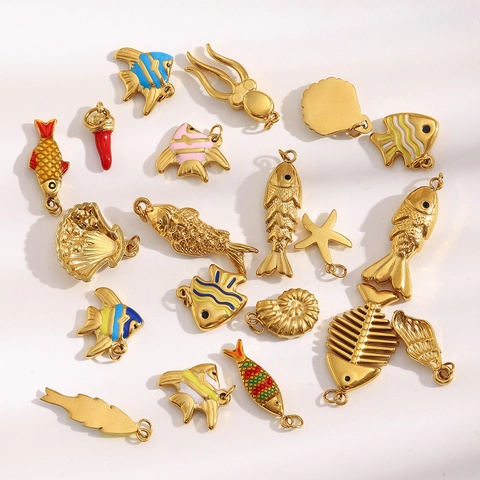 Pendentifs Océan Poisson Étoile De Mer Coquille Poulpe Acier Inoxydable Or 18K Émail Accessoires Bijoux DIY