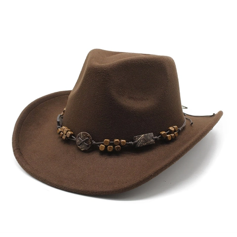 Western Cowboy Hat Felt Fedora Wide Brim Ethnic Beaded Band Retro Style For Men Women Outdoor Classic Accessory