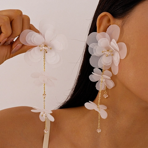 Lange Chiffon Blumen Quasten Ohrringe Mit Silbernem Ohrstecker Kupfer Glasperlen Eleganter Strand Urlaub Schmuck