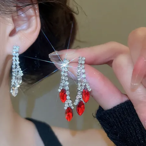 Luxus Straßschmuck Halskette Und Ohrringe Mit Marquise Rotem Kristall Quasten V-Form Für Frauen Hochzeit Party Bankett