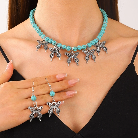 Bohemian Vintage Künstlicher Türkis Schmuckset Herz Schmetterling Anhänger Halskette Ohrringe Legierung Schmuck Damen