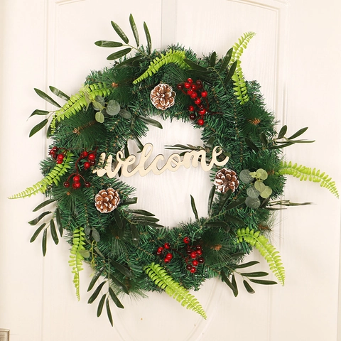Ghirlanda Di Natale Artificiale Scritta Welcome In Legno Misto Aghi Di Pino Rami Di Olivo Bacche Rosse E Pigne Decorazione Per Porta Festiva