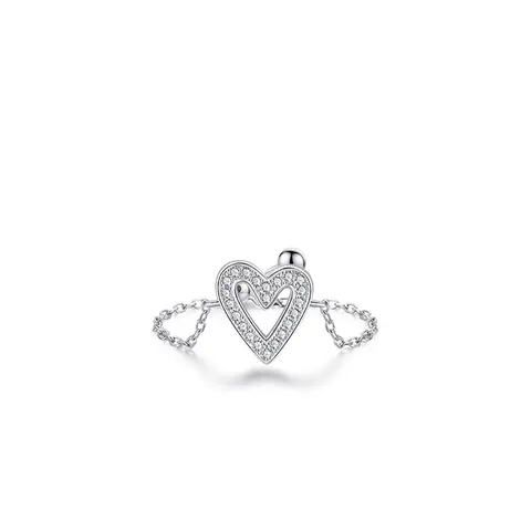 Hollow Heart Adjustable Chain Ring 925 Sterling Silver With Cubic Zirconia Minimalist Sweet Jewelry For Women