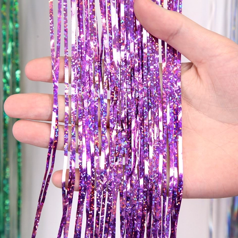 Laser Shimmer Tinsel Foil Fringe Rain Satin Christmas Tree Decor Party Atmosphere DIY Ornament Metallic Holographic