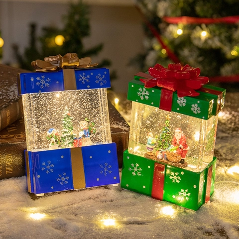 Christmas Snow Globe Lantern LED Light Up Gift Box Shape Santa Snowman Scene Glitter Water Glittering Holiday Desktop Decor