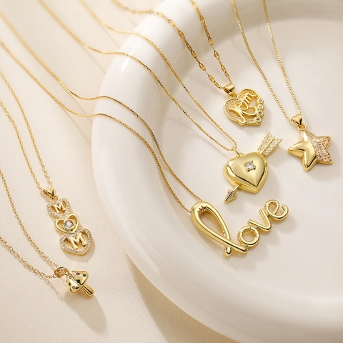 Fashion Copper Gold Plated Heart Star Mushroom Zirconia Pendant Necklace For Women Mom Love Letter Chain Choker Jewelry