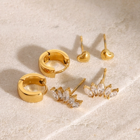 Stainless Steel Earrings Gold Plated Cubic Zirconia Heart Shape Hoops Studs Waterproof Hypoallergenic Jewelry For Women