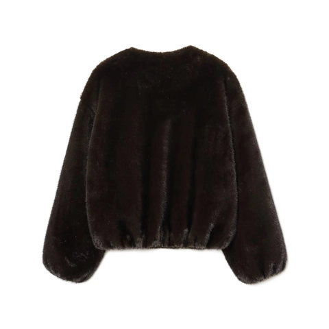 Chaqueta Bomber De Piel Sintética Para Mujer Cuello Redondo Cremallera Color Sólido Chaqueta Corta Holgada Mangas Linterna