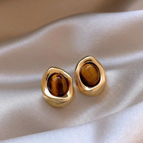 Retro Geometric Stud Earrings Gold Plated Alloy With 925 Sterling Silver Earring Post Resin Amber Maillard Style Women
