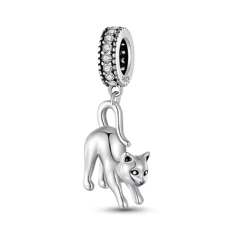 S925 Sterling Silver Cute Cat Charm Pendant Zirconia Inlaid Stretching Kitty Bead For DIY Bracelet Necklace Jewelry Making