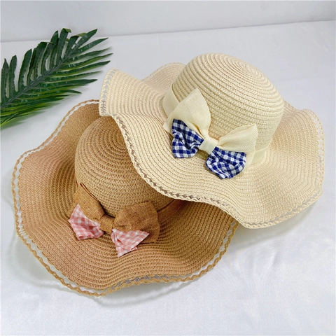 Women Sun Straw Hat Wide Brim Foldable Beach Vacation Pastoral Style Bow Decor Lace Edge Breathable