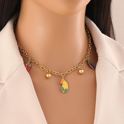 Collar Y Pulsera Con Colgante De Acero Inoxidable Frutas Verduras Esmalte Sandía Manzana Chile Maíz Joyería Chapada En Oro Para Mujeres