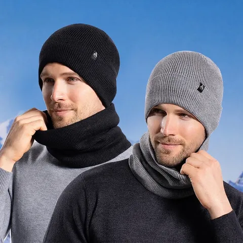 Gorro De Punto Y Calentador De Cuello Para Hombre Invierno Acrílico Forro Polar Cálido Resistente Al Viento