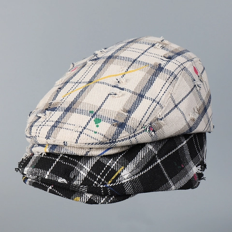 Casquette Plate Rétro À Carreaux Design Distressed Avec Éclats De Peinture Graffiti Coton Polyester Ajustable