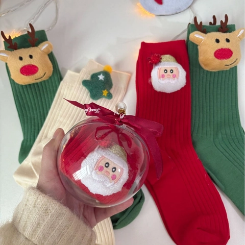 Christmas Socks Cotton Blend Ribbed Knit Mid Calf With 3D Plush Doll Santa Reindeer Tree For Holiday Festive Party