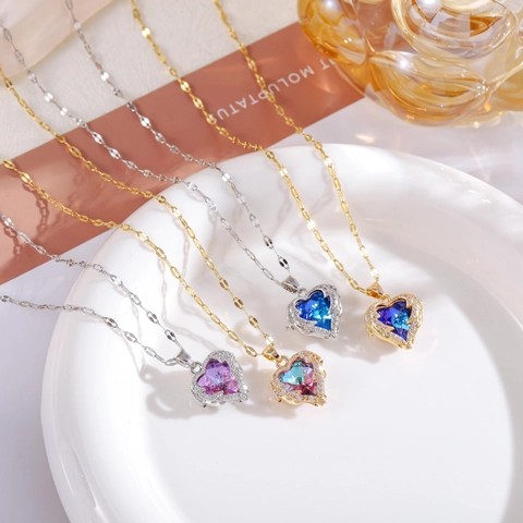 Heart Of Ocean Hanger Ketting Koper Verguld Hart Kristal Zirkoon Luxe Mode Elegante Sieraden Voor Vrouwen