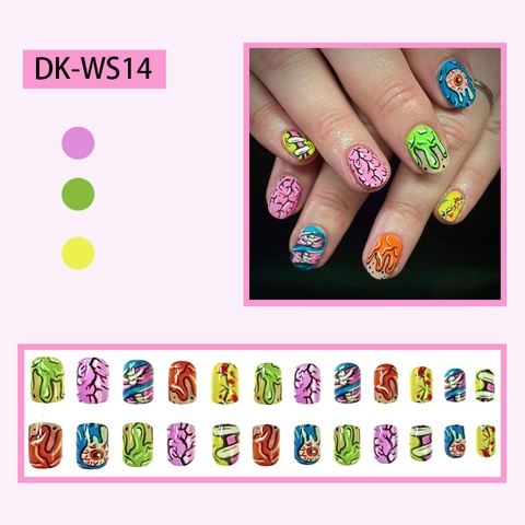 Unghie Finte Halloween Horror Lucide Corte Quadrate Colorate Motivo Cervello Bulbo Oculare Mostro Manicure Donna Decorazione