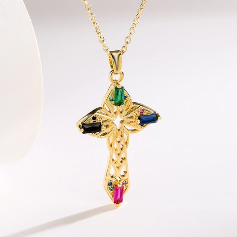 Cross Pendant Necklace 18K Gold Plated Copper Colorful Zircon Hollow Geometric Jewelry For Women Western Elegant