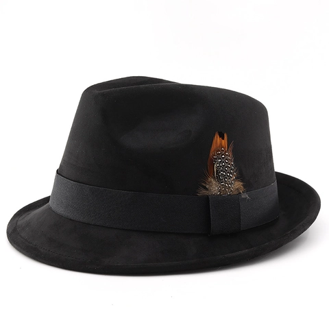 Cappello Fedora Classico In Finta Pelle Scamosciata Con Decorazione Di Piuma E Nastro Stile Vintage Gentleman Jazz Panama Unisex