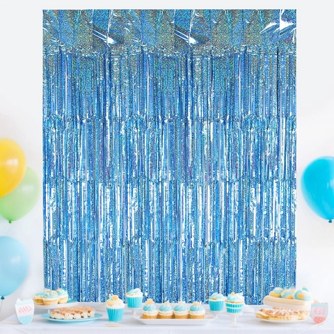 Blau Folienfransenvorhang Tinsel Hintergrund Geburtstag Party Dekoration Metallic Glanz Streamers Für Ozean Thema Events Hochzeit