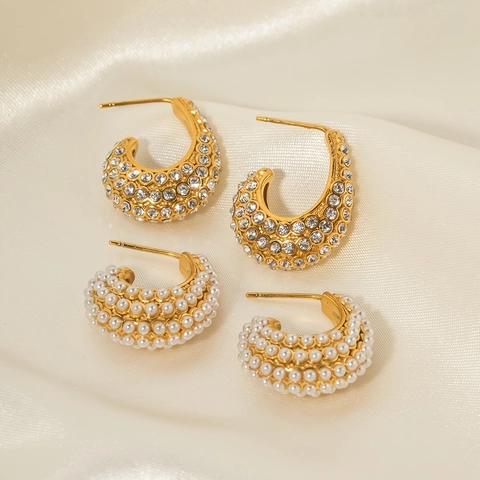 Vintage C-Shape Hoop Stud Earrings Alloy With Faux Artificial Pearl And Rhinestone French Style Jewelry For Women