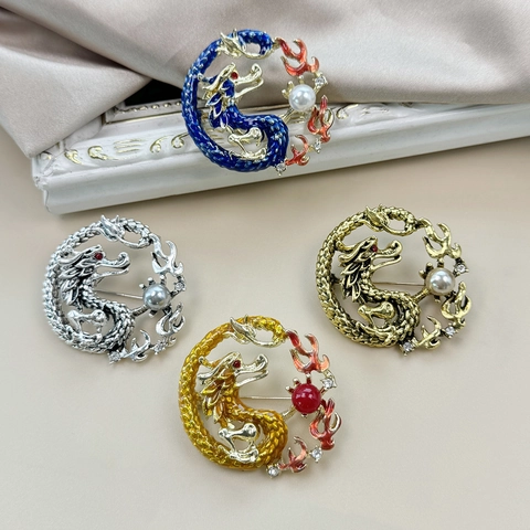 Broche De Dragón Estilo Chino Retro Aleación Esmalte Perla Artificial Diamante De Imitación Animal Zodiaco Accesorio Ropa Mujer Hombre