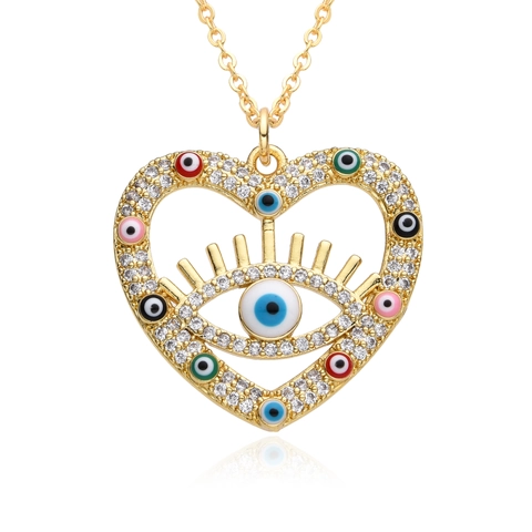 Heart Evil Eye Pendant Necklace Copper 18K Gold Plated Rhinestone Enamel Clavicle Chain For Women Fashion Jewelry Gift