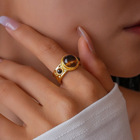 Anillo Abierto Vintage Piedra Ojo De Tigre Natural Aleación Bañada En Oro Joyería Bohemia Ajustable Para Mujer