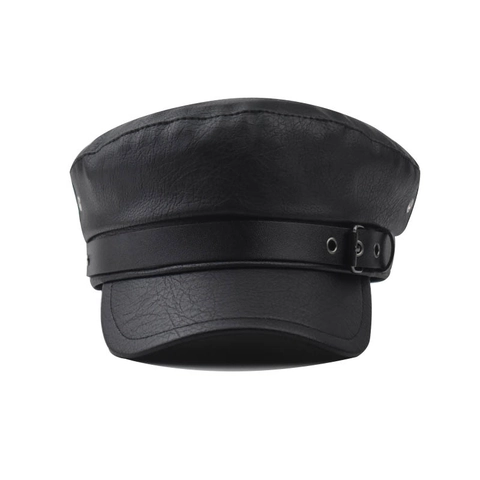 Vintage PU-Leder Militärmütze Flache Marinekappe Mit Metallschnalle Und Ösen Für Damen Retro Baker Boy Schirmmütze