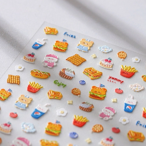 Stickers Nail Art Relief 5D Ours Pique-Nique Dessin Animé Design Fast Food Auto-Adhésif Décoration Manucure DIY