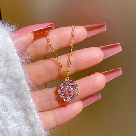 Collana Delicata Con Ciondolo A Fiore Catena In Acciaio Al Titanio Rame Zircone Rosa Gioielli Per Donna