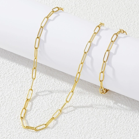 Set di Gioielli Minimalisti Hip Hop in Acciaio al Titanio Placcato Oro Catena a Graffetta Collana E Bracciale Unisex