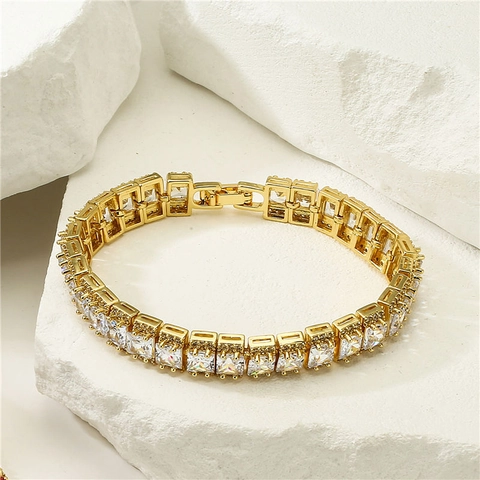 Pulsera de Tenis de Lujo de Cobre con Circonia para Mujer Pulsera Incrustada de Circonia Blanca de Arco Iris de Corte Cuadrado Joyería