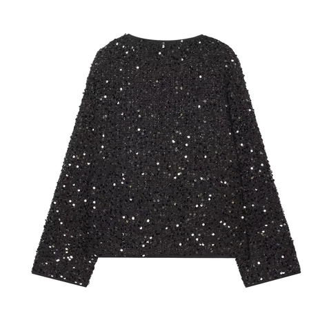 Dames Pailletten Cardigan Ronde Hals Lange Mouwen Knoopsluiting Glimmende Party Jas