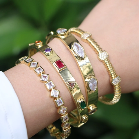 Vergulde Koperen Manchet Armband Met Zirkoon Geometrisch Verstelbare Open Bangle Voor Vrouwen Mode Sieraden