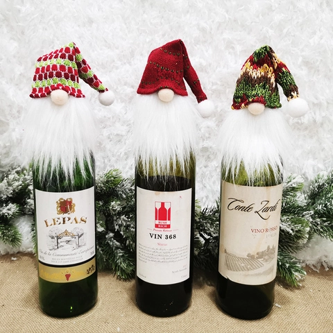 Christmas Gnome Ornaments Faceless Dwarf Wine Bottle Covers Knitted Fabric Faux Fur Hanging Decoration Holiday Party Home