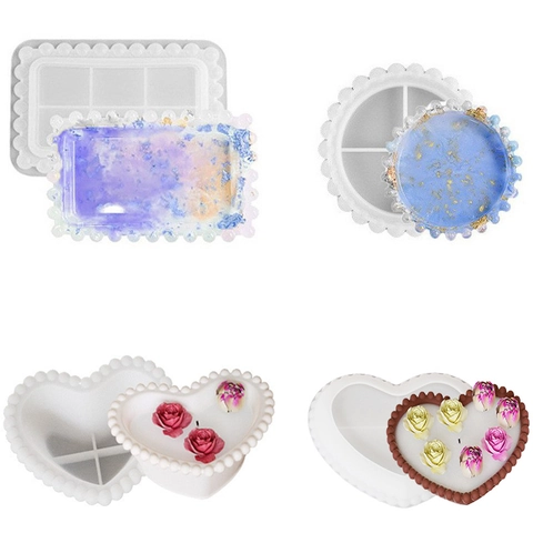 Silicone Mold Beaded Edge Heart Rectangle Round Shape For DIY Candle Cup Tray Epoxy Resin Storage Box Crafting