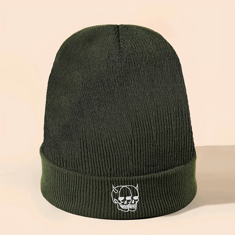 Knitted Beanie Hat Acrylic Devil Horn Skull Embroidery Winter Warm Outdoor Streetwear Gothic Punk Unisex Cuff Cap