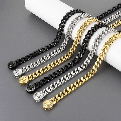 Men Hip Hop Cuban Link Chain Necklace Rhinestone Inlaid Magnetic Clasp Titanium Steel Punk Style Jewelry