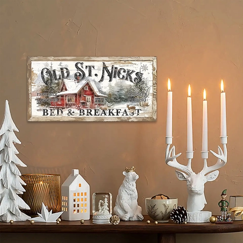 Christmas Wooden Hanging Sign Plaque Vintage Red Cabin Snow Scene Old St Nicks Bed And Breakfast Holiday Home Door Wall Decor