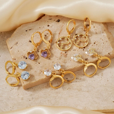 Kupfer Zirkonia Vergoldete Hängeohrringe Mit Kupferohrstecker Elegante Stern Mond Herz Schmuck Für Damen