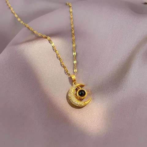 Mond Anhänger Halskette Edelstahl Mikro Verzierten Zirkonia Projektion Stein Schmuck Für Damen