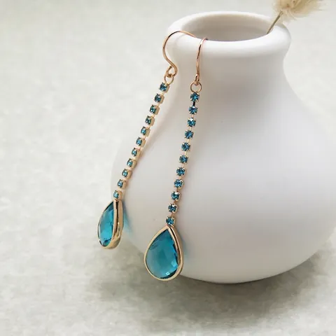 Pendientes Largos de Cobre con Circonia en Gota para Mujer con Borla Larga Lujo Azul Rosa Cristal Pendientes Joyería