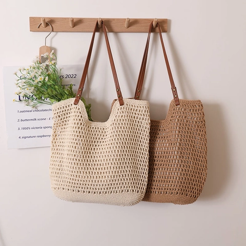 Holle Mesh Geweven Schoudertas Met PU Leren Riemen Katoenen Draad Zomer Strandvakantie Tote Voor Vrouwen Casual Handtas