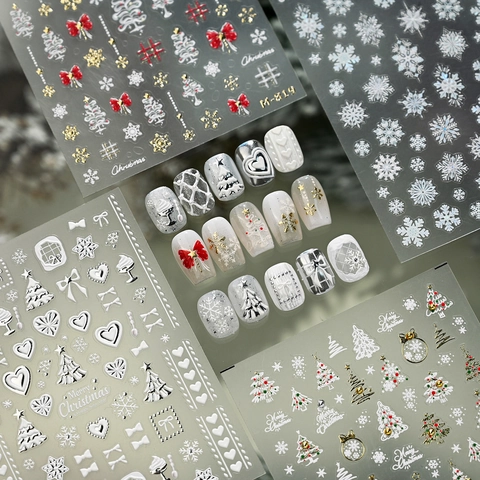 3D Relief Christmas Nail Stickers Gold Silver Snowflake Reindeer Xmas Tree Decals Winter Holiday DIY Manicure Art Decor