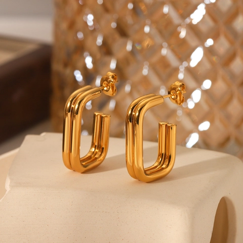 Geometric Rectangular Earrings 18K Gold Plated Stainless Steel Double Layer Line Modern Minimalist Style For Women